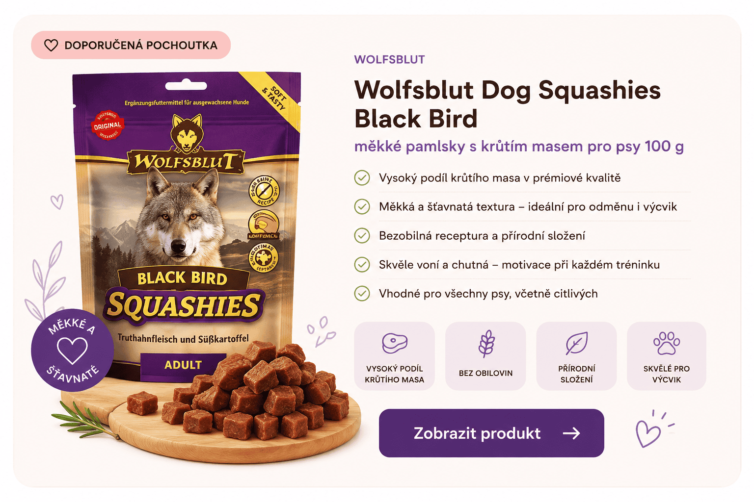 Wolfsblut Dog Squashies Black Bird měkké pamlsky s krůtím masem pro psy 100 g